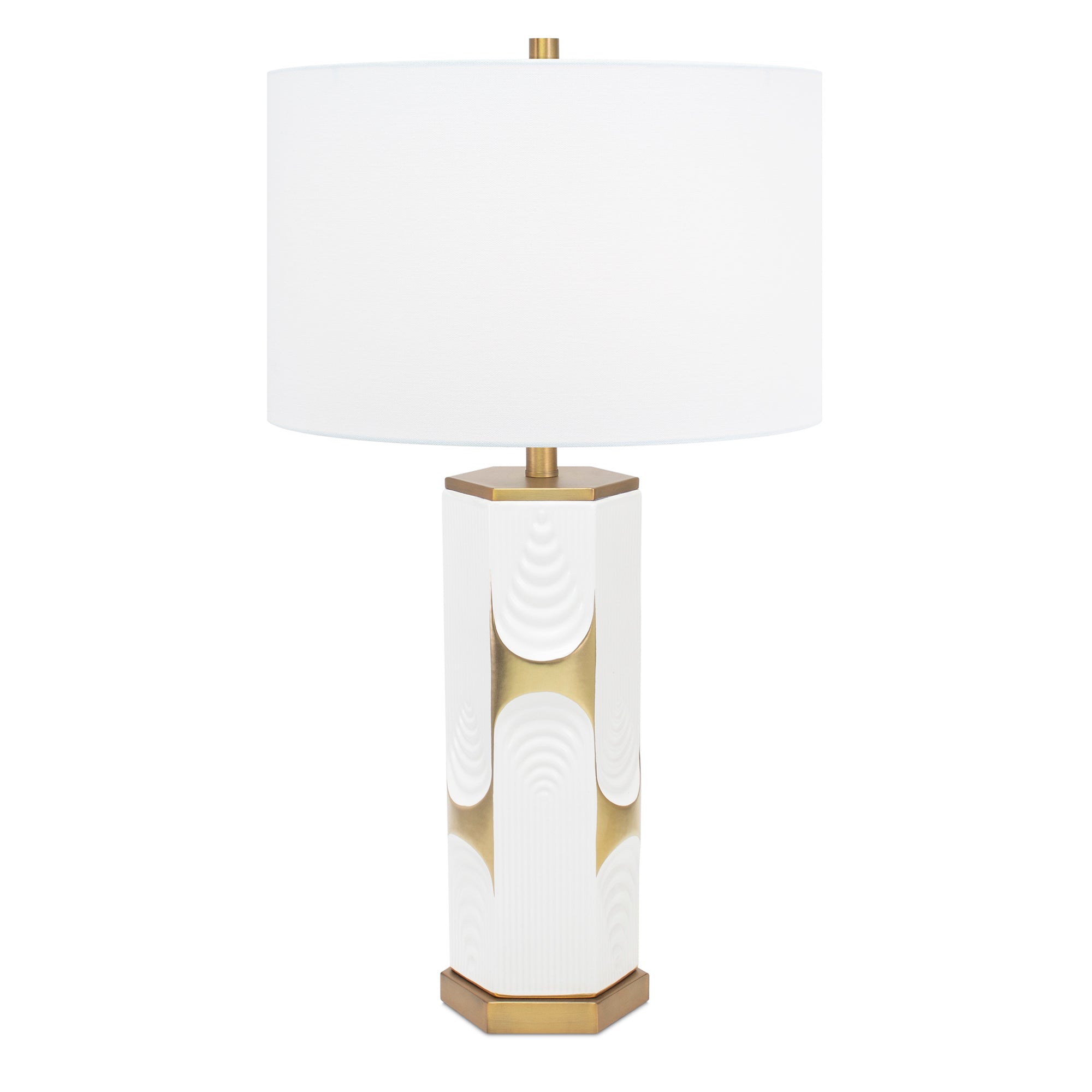 Weiß und Gold Hex Drape Tischlampe mit 17x17x11 Weiß Classic Leinen Shade
