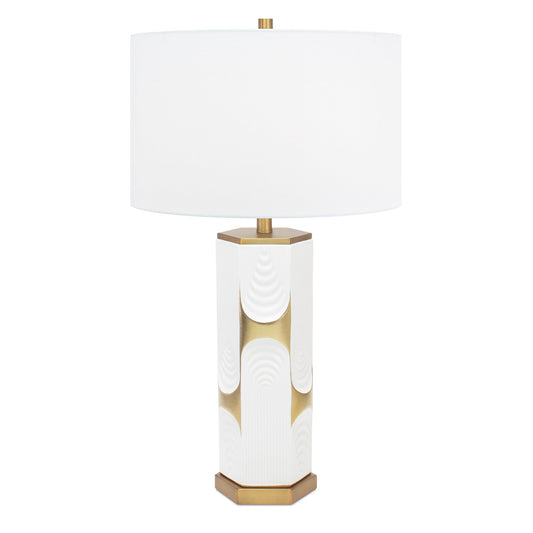 Weiß und Gold Hex Drape Tischlampe mit 17x17x11 Weiß Classic Leinen Shade