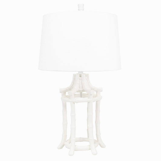 Weiße Bambustischlampe mit weißem Wäscheton und Silbereinlage