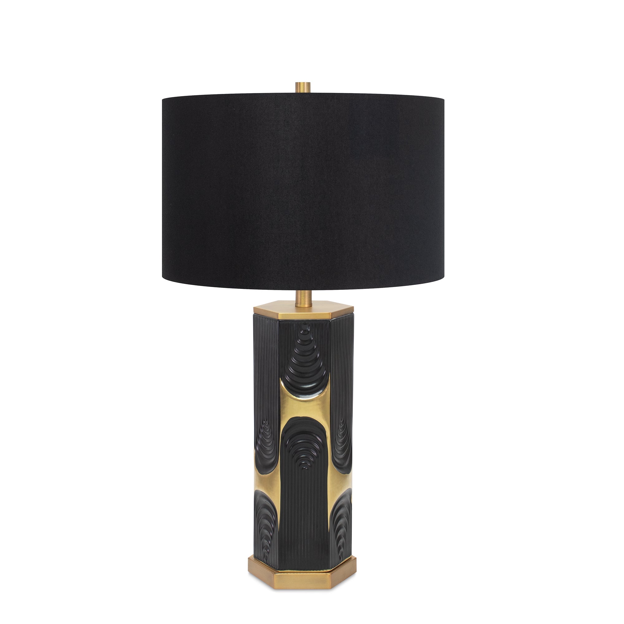 Schwarz und Gold Hex Drape Tischlampe - mit 17x17x11 Schwarz Linen Shade